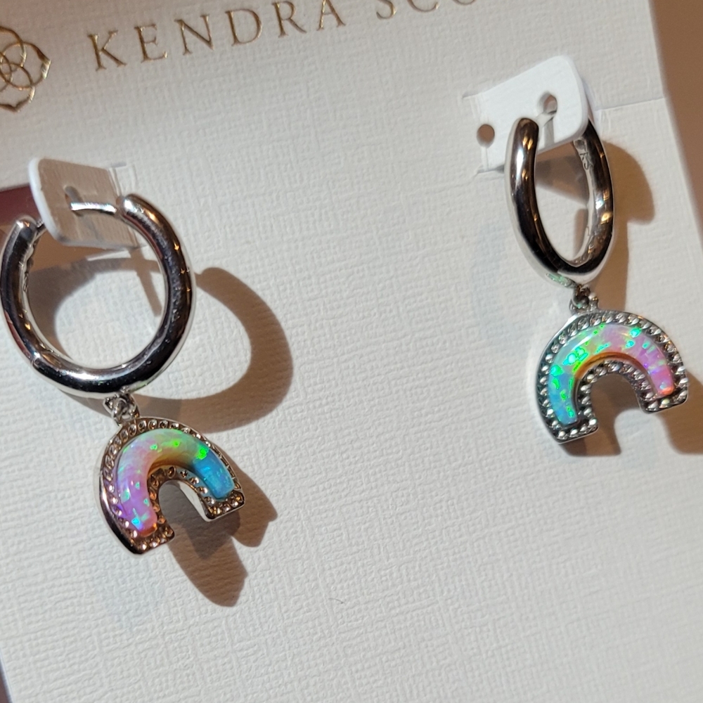 NWT Kendra Scott Rainbow Kyocera Opal Huggie Earrings in Silver Pastel - Picture 10 of 10